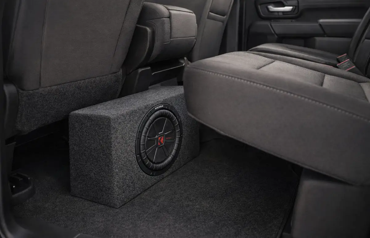under seat truck installation with Kicker CompRT shallow subwoofer